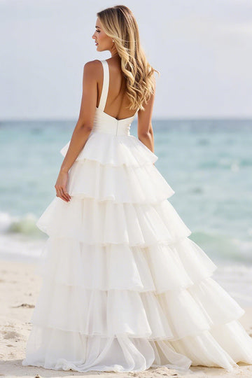 Hvid A Line Lagdelt Organza Gallakjole